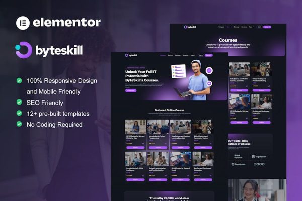 Download ByteSkill - IT Online Course & Education Elementor Pro Template Kit