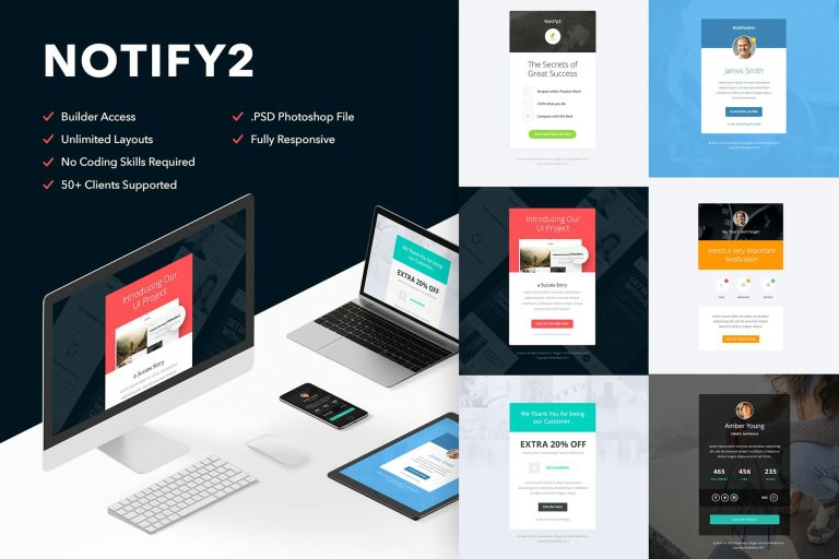 Download Notify2 - 6 Emails + Themebuilder Access 6 High quality responsive email newsletter templates | MailChimp | Campaign Monitor supported