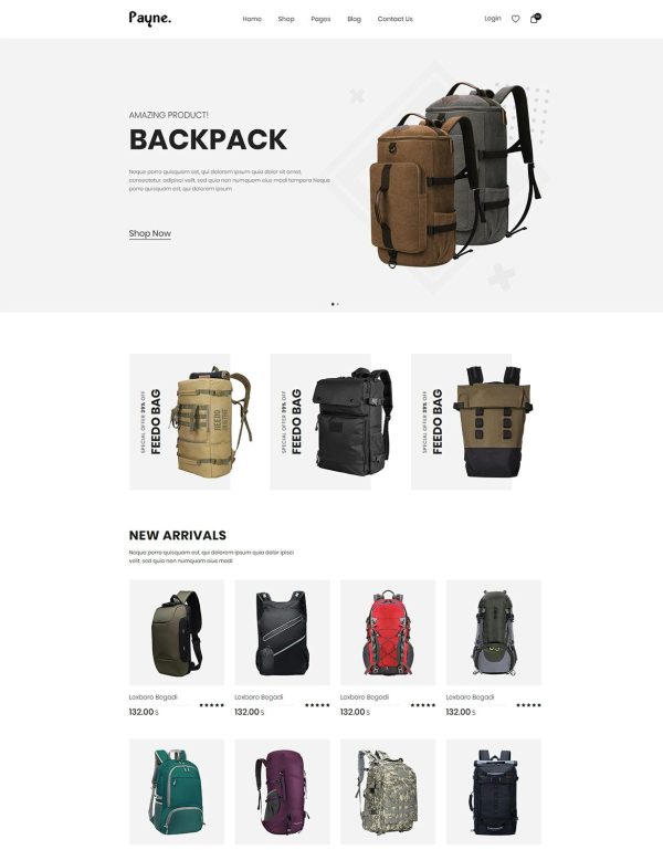 Download Payne - Backpack eCommerce HTML Template Backpack eCommerce HTML Template is a modern HTML template with elegant white background.
