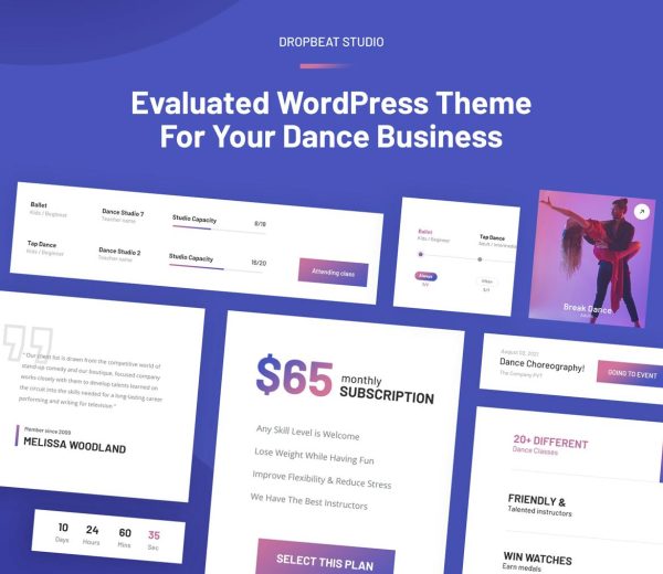 Download Dropbeat - Creative Dance Studio WordPress Theme For any type of dance or indoor studios to enhance their website aesthetic with rich details.