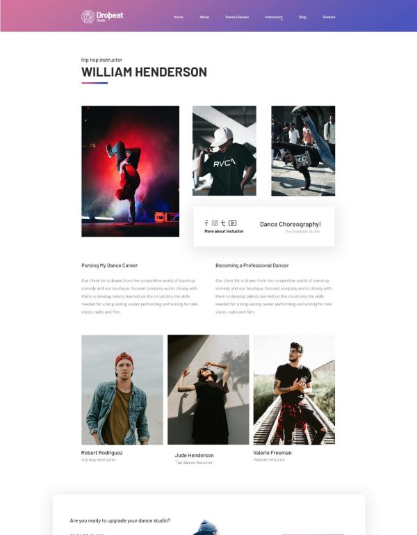 Download Dropbeat - Creative Dance Studio WordPress Theme For any type of dance or indoor studios to enhance their website aesthetic with rich details.