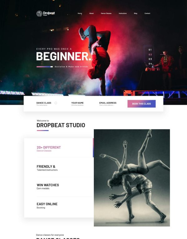 Download Dropbeat - Creative Dance Studio WordPress Theme For any type of dance or indoor studios to enhance their website aesthetic with rich details.