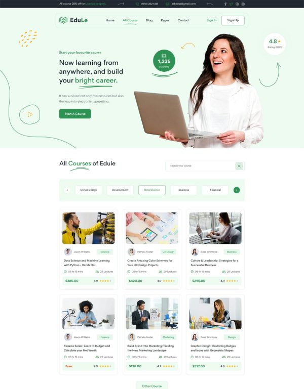 Download Edule - e-Learning Website Template HTML Version It has an excellent web design that comes perfect for building an online education/learning platform