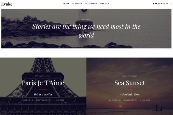 Download Evoke Photo Stories Blog WordPress Theme Evoke is a WordPress photo blog theme for writers, photographers, artists, designers, travellers.