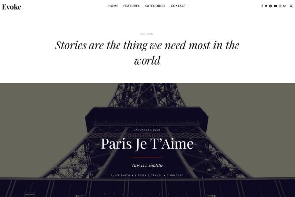 Download Evoke Photo Stories Blog WordPress Theme Evoke is a WordPress photo blog theme for writers, photographers, artists, designers, travellers.