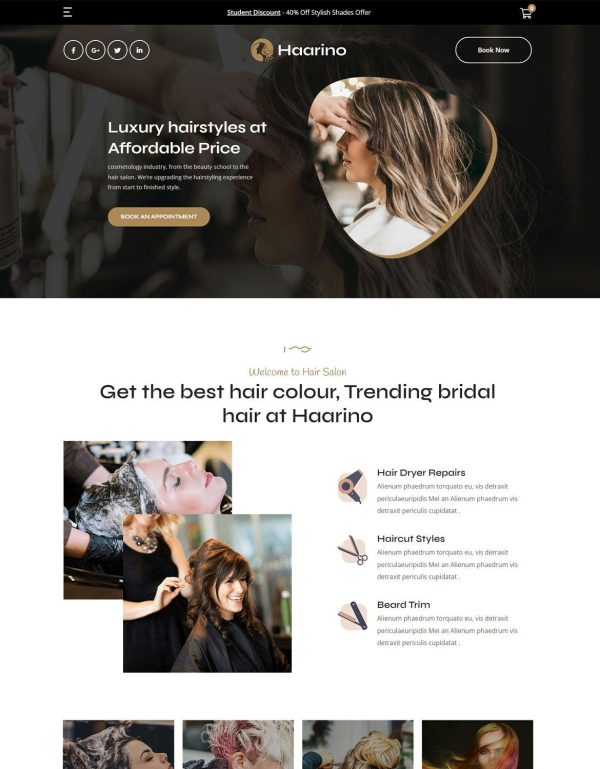 Download Haarino - Hair Beauty & Makeup WordPress Theme Haarino is coded with beautiful and clean code and the power of Elementor. Fast & Easy to Customize!