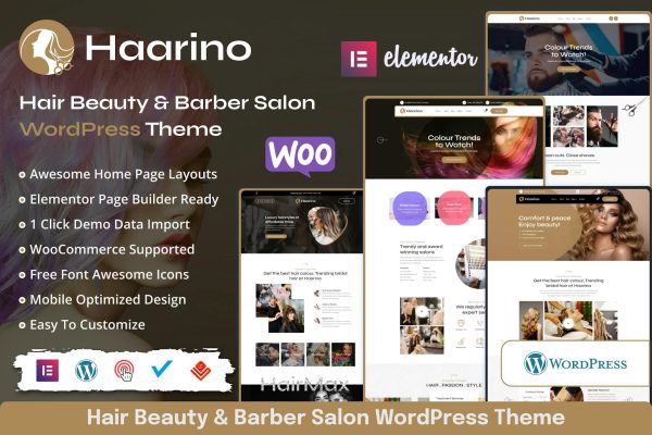 Download Haarino - Hair Beauty & Makeup WordPress Theme Haarino is coded with beautiful and clean code and the power of Elementor. Fast & Easy to Customize!