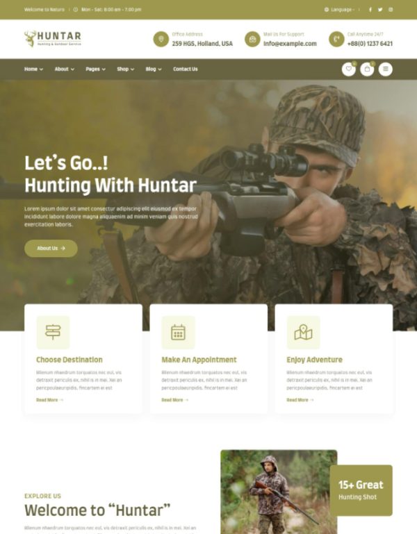 Download Huntar - Hunting & Outdoor WordPress Theme Huntar is a perfect Hunting Gear WordPress theme setting up an outdoor shop easy and user-friendly