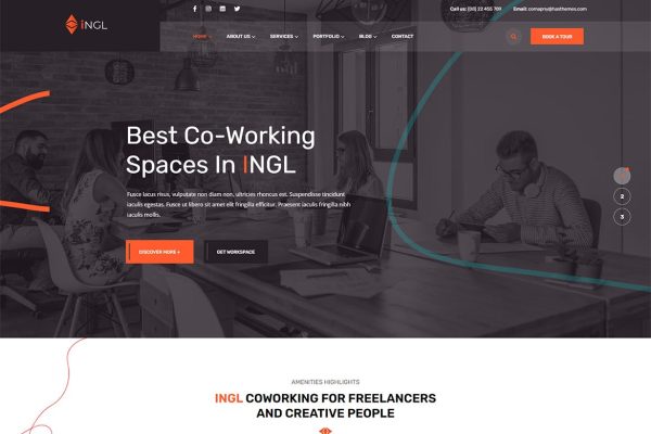 Download Ingl - Coworking Spaces WordPress Theme business, conference, conference room, coworking, coworking office, coworking space, elementor, eve