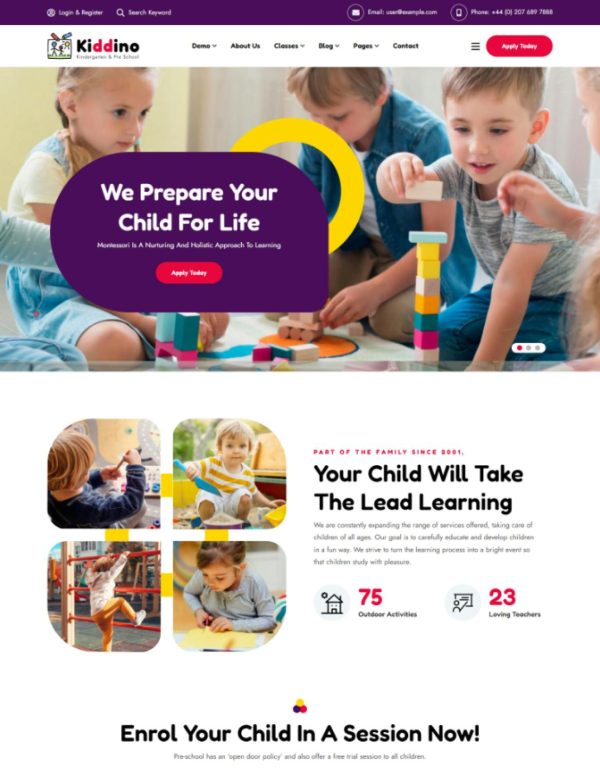 Download Kiddino - Kids & Kindergarten WordPress Theme Kiddino - A babysitting and kindergarten theme of your dreams suitable for any kids school education