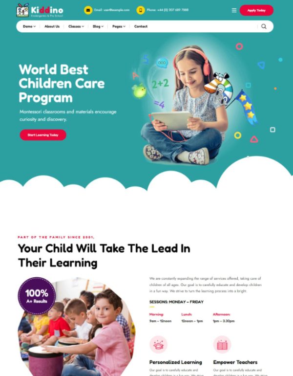 Download Kiddino - Kids & Kindergarten WordPress Theme Kiddino - A babysitting and kindergarten theme of your dreams suitable for any kids school education