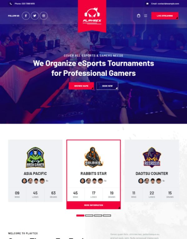 Download Playrex - eSports & Gaming WordPress Theme Playrex is coded with beautiful and clean code and the power of Elementor. Fast & Easy to Customize!
