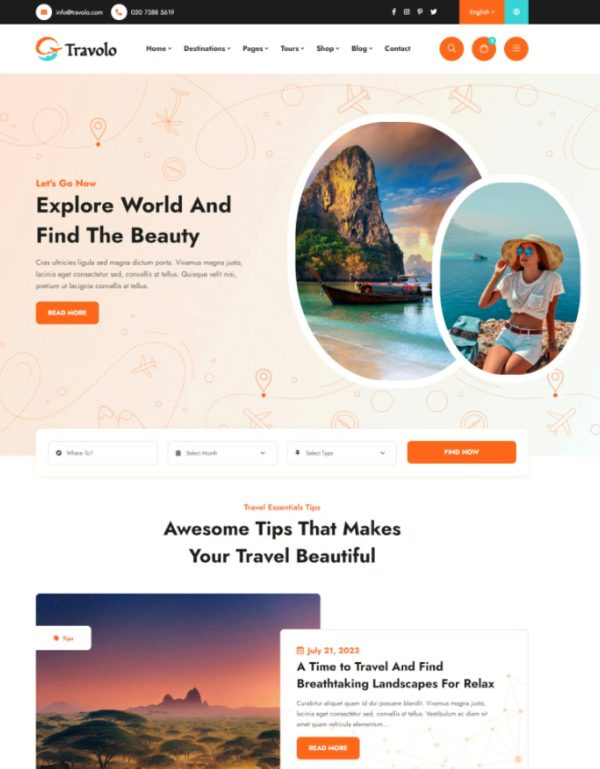 Download Travolo - Travel & Tour Booking WordPress Theme Travolo is designed for travel agencies, tour booking, holiday, vacation