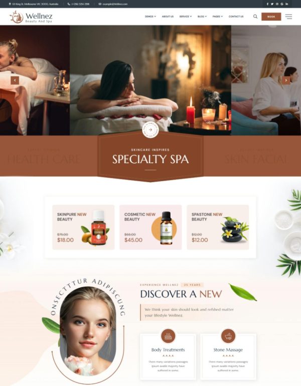 Download Wellnez – Beauty Spa Wellness WordPress Theme Wellnez is coded with beautiful and clean code and the power of Elementor. Fast & Easy to Customize!