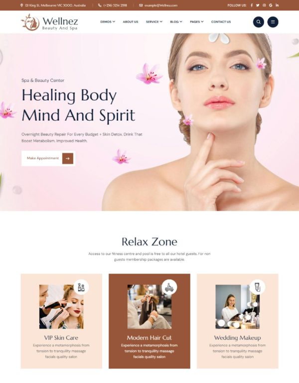 Download Wellnez – Beauty Spa Wellness WordPress Theme Wellnez is coded with beautiful and clean code and the power of Elementor. Fast & Easy to Customize!