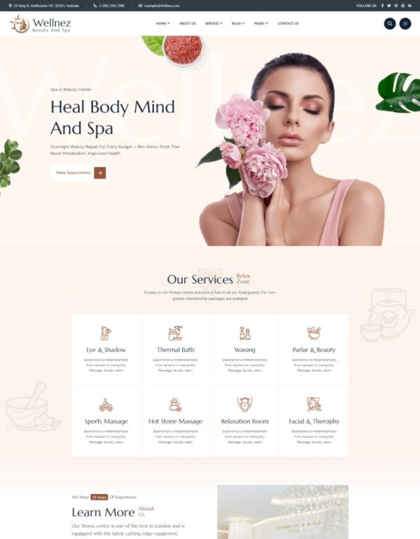 Download Wellnez – Beauty Spa Wellness WordPress Theme Wellnez is coded with beautiful and clean code and the power of Elementor. Fast & Easy to Customize!