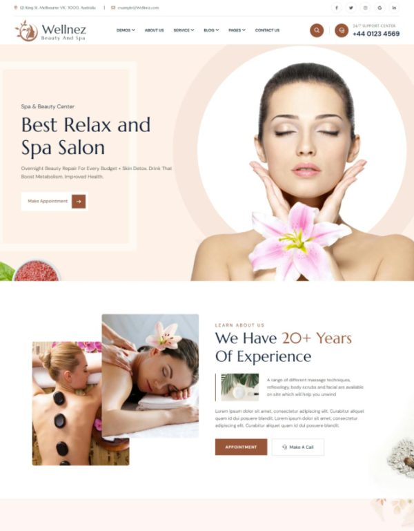 Download Wellnez – Beauty Spa Wellness WordPress Theme Wellnez is coded with beautiful and clean code and the power of Elementor. Fast & Easy to Customize!