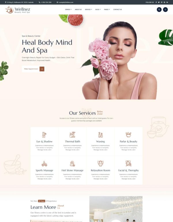 Download Wellnez – Beauty Spa Wellness WordPress Theme Wellnez is coded with beautiful and clean code and the power of Elementor. Fast & Easy to Customize!