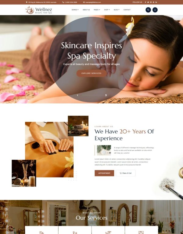 Download Wellnez – Beauty Spa Wellness WordPress Theme Wellnez is coded with beautiful and clean code and the power of Elementor. Fast & Easy to Customize!