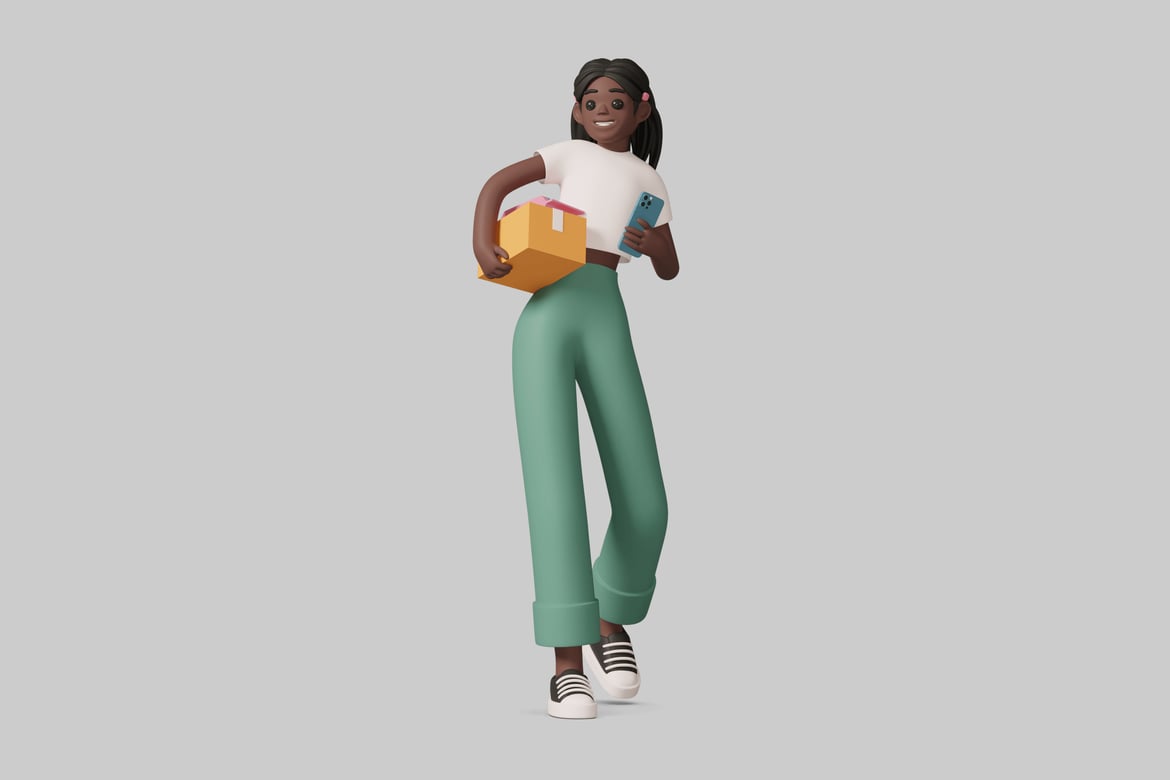 Download A young woman holding a package and a cell phone. 3D Model