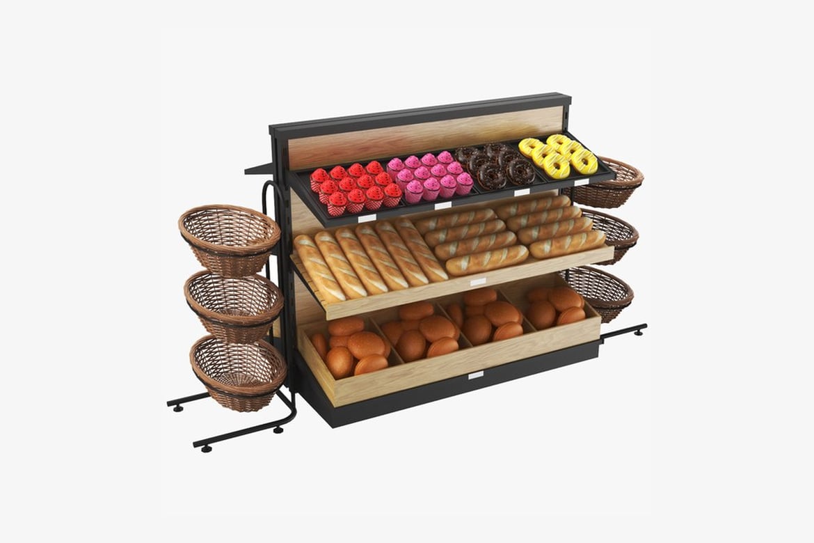 Download Bakery Display Case with Varied Shelving and Bread Assortment 3D Model