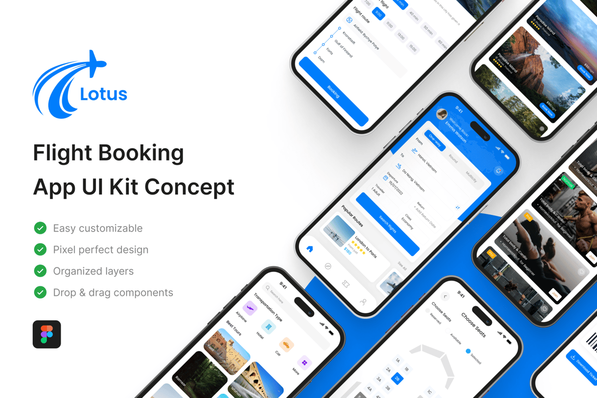 Download Lotus - Flight Booking App UI Kit Figma Design