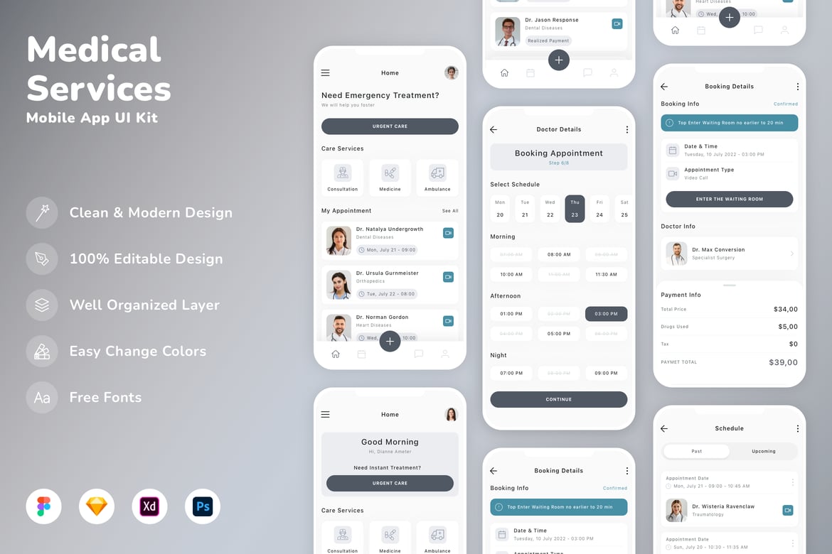 Download Medical Services Mobile App UI Kit Figma Design