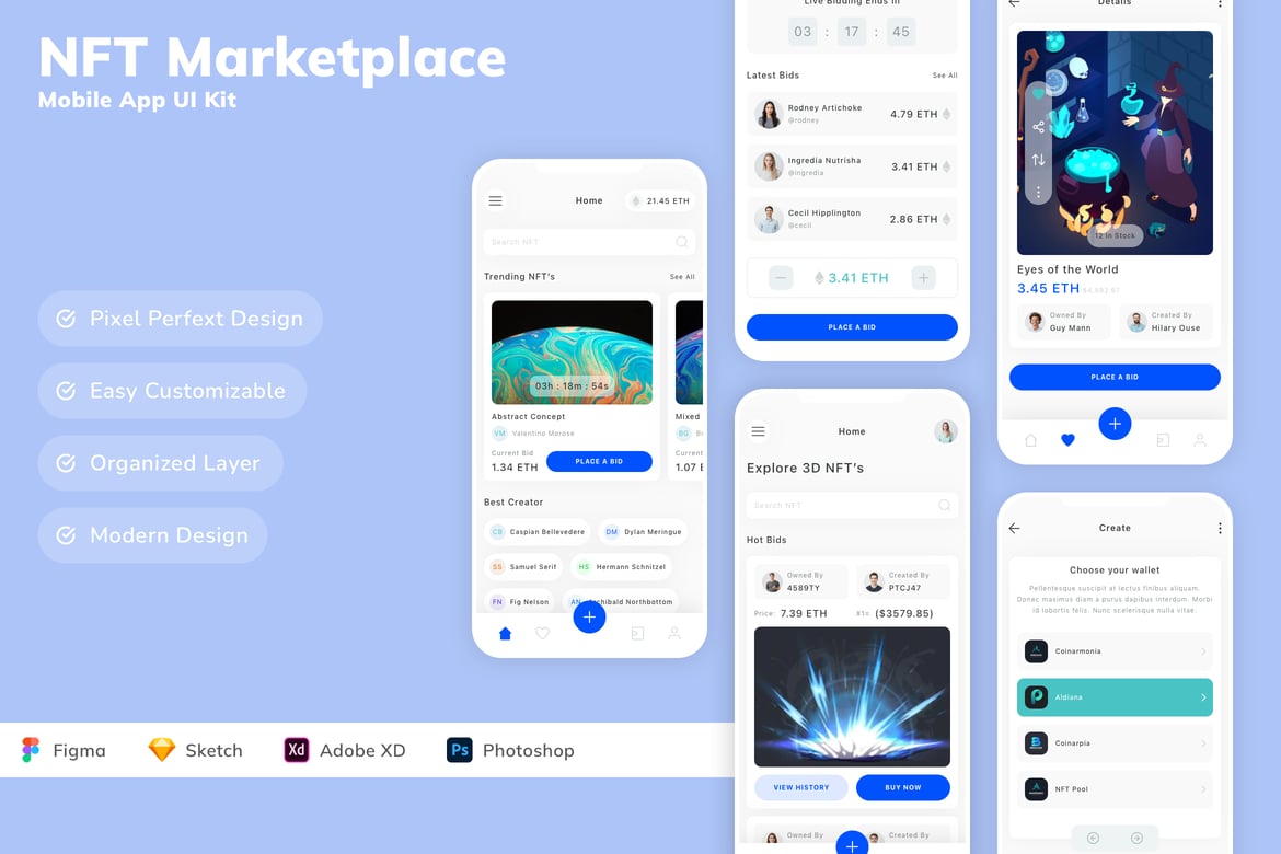 Download NFT Marketplace Mobile App UI Kit Figma Design