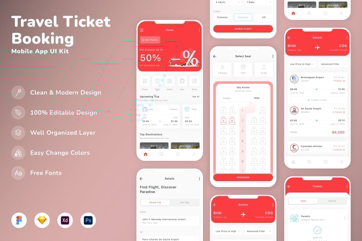 Download Travel Ticket Booking Mobile App UI Kit Figma Design