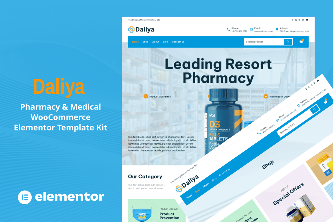 Download Daliya - Pharmacy & Medical Store WooCommerce Elementor Pro Template Kit