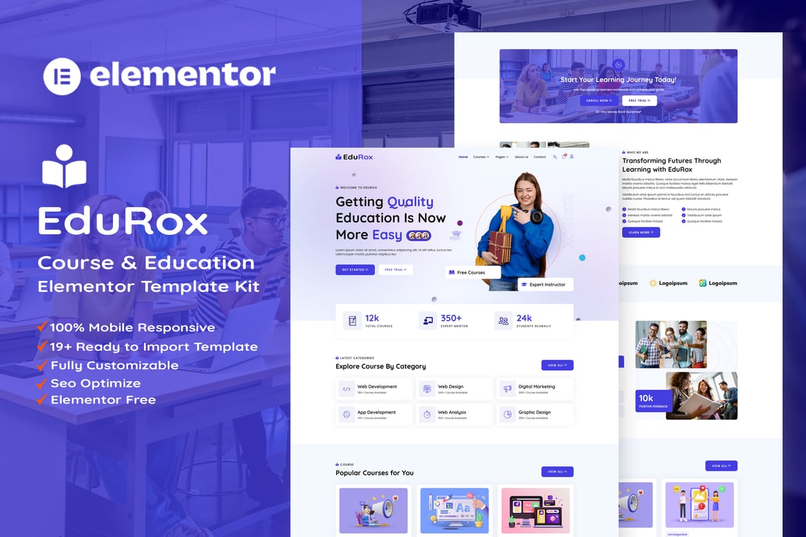 Download EduRox - Online Course & Education Elementor Pro Template Kit