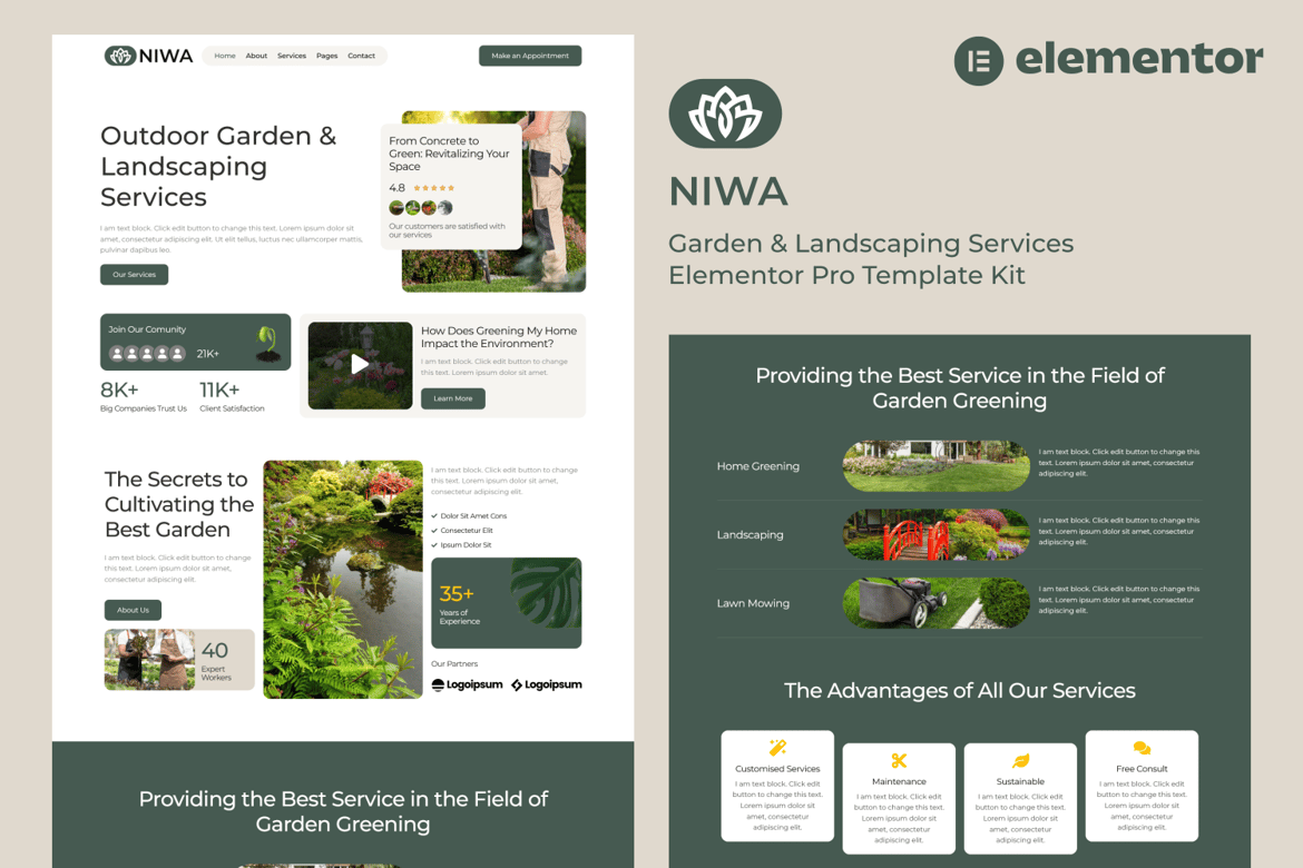 Download Niwa - Garden & Landscaping Services Elementor Pro Template Kit