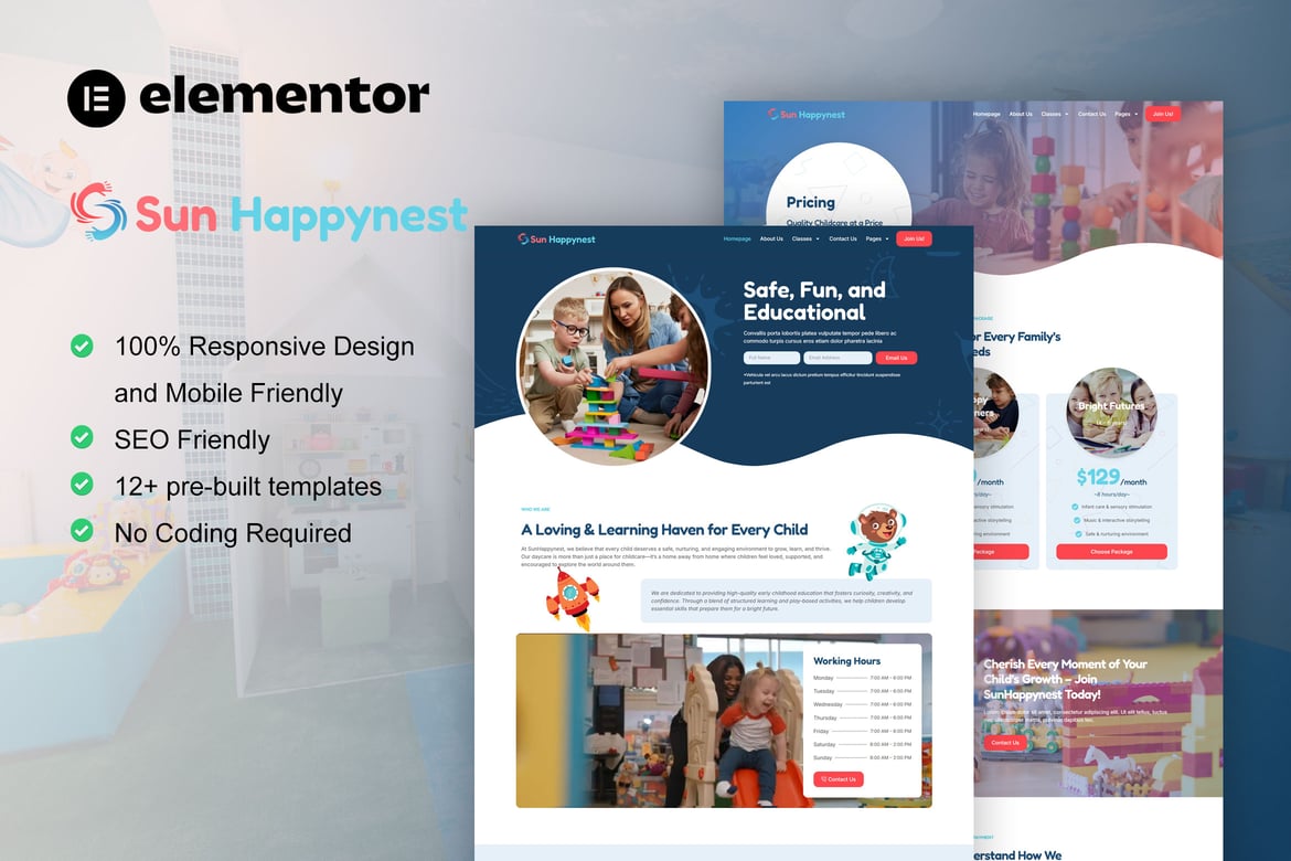 Download SunHappynest - Kindergarten & Child Care Elementor Pro Template Kit