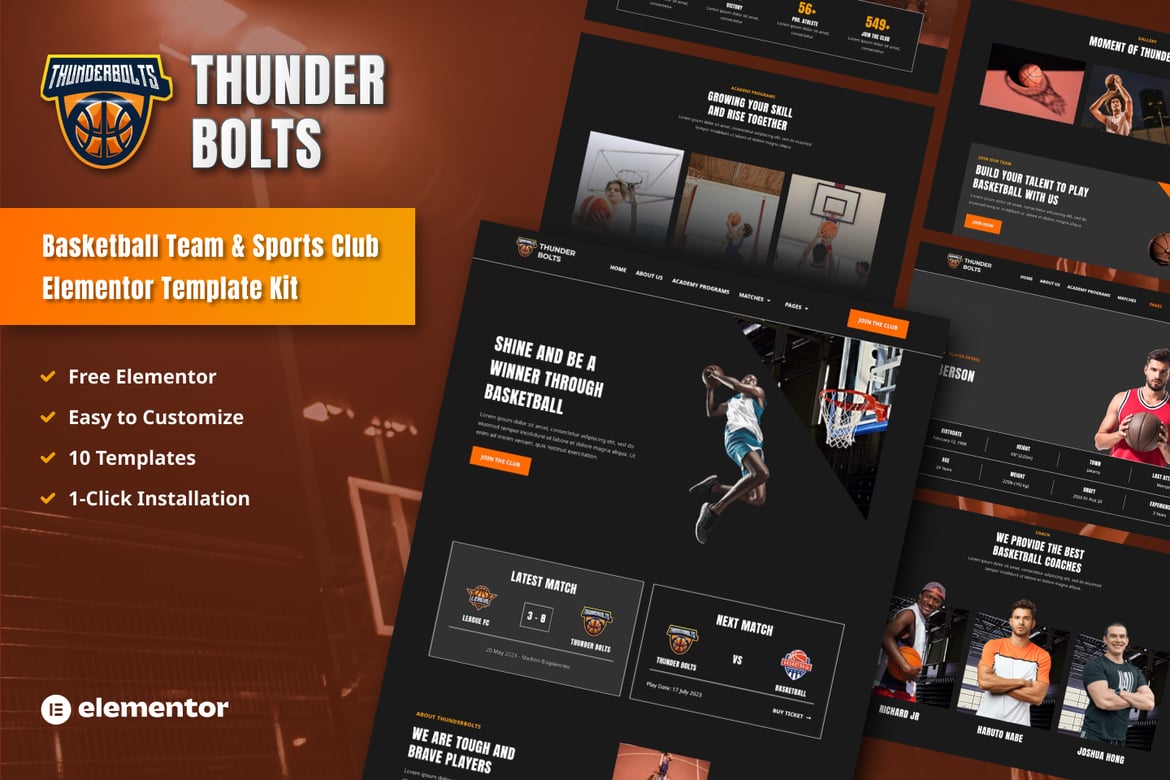 Download Thunderbolts - Basketball Team & Sports Club Elementor Template Kit