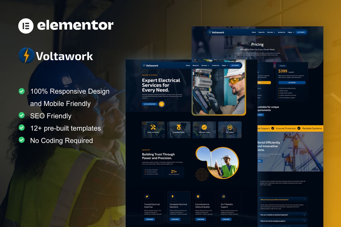 Download VoltaWork - Electrical Service Elementor Template Kit