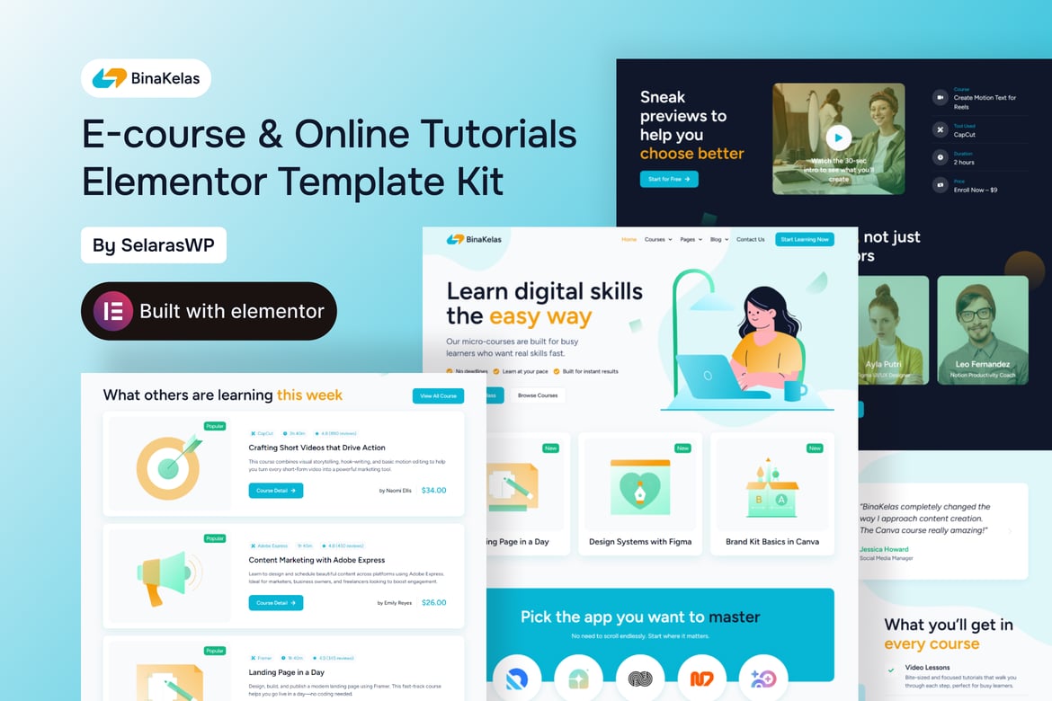 Download BinaKelas - E-Course & Online Tutorials Elementor Template Kit