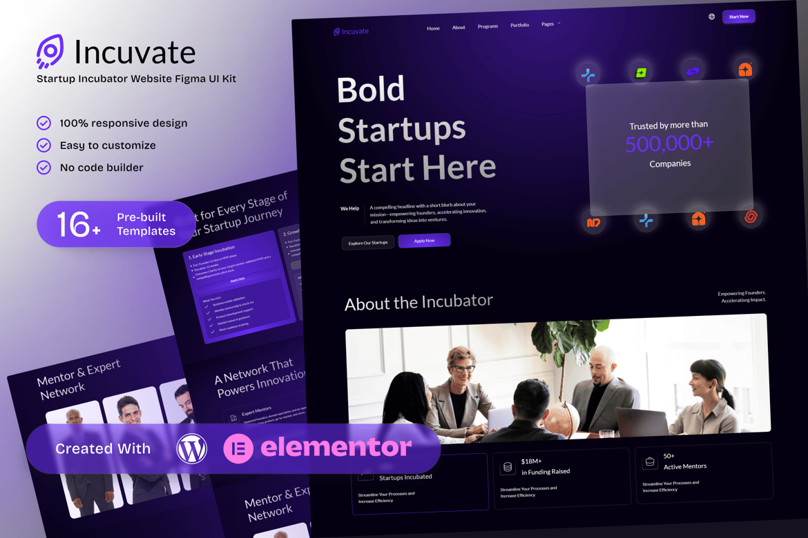 Download Incuvate Startup Incubator Elementor Template Kit for Funding and Growth Programs