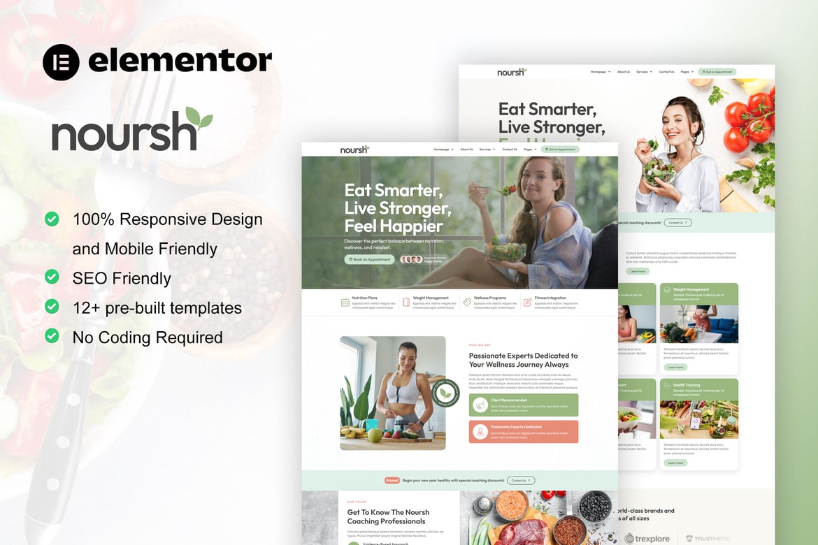 Download Noursh - Healthy Food & Nutrition Elementor Pro Template Kit