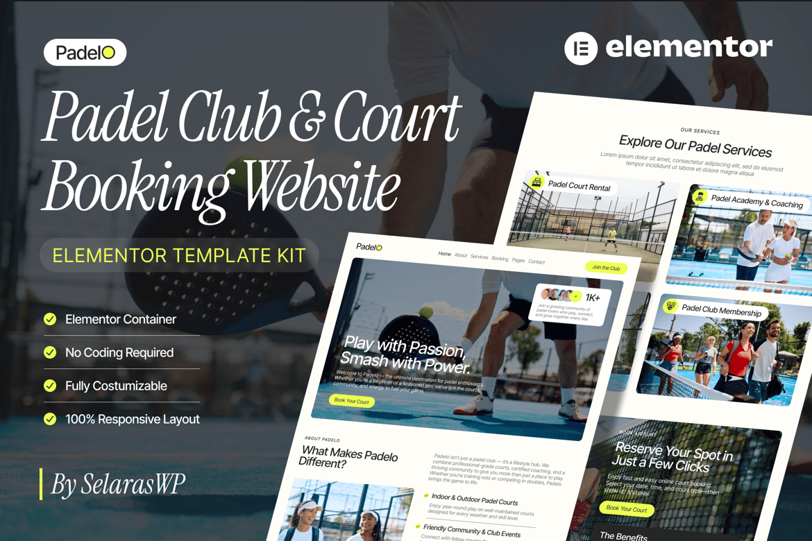 Download Padelo - Padel Club & Court Booking Elementor Pro Template Kit
