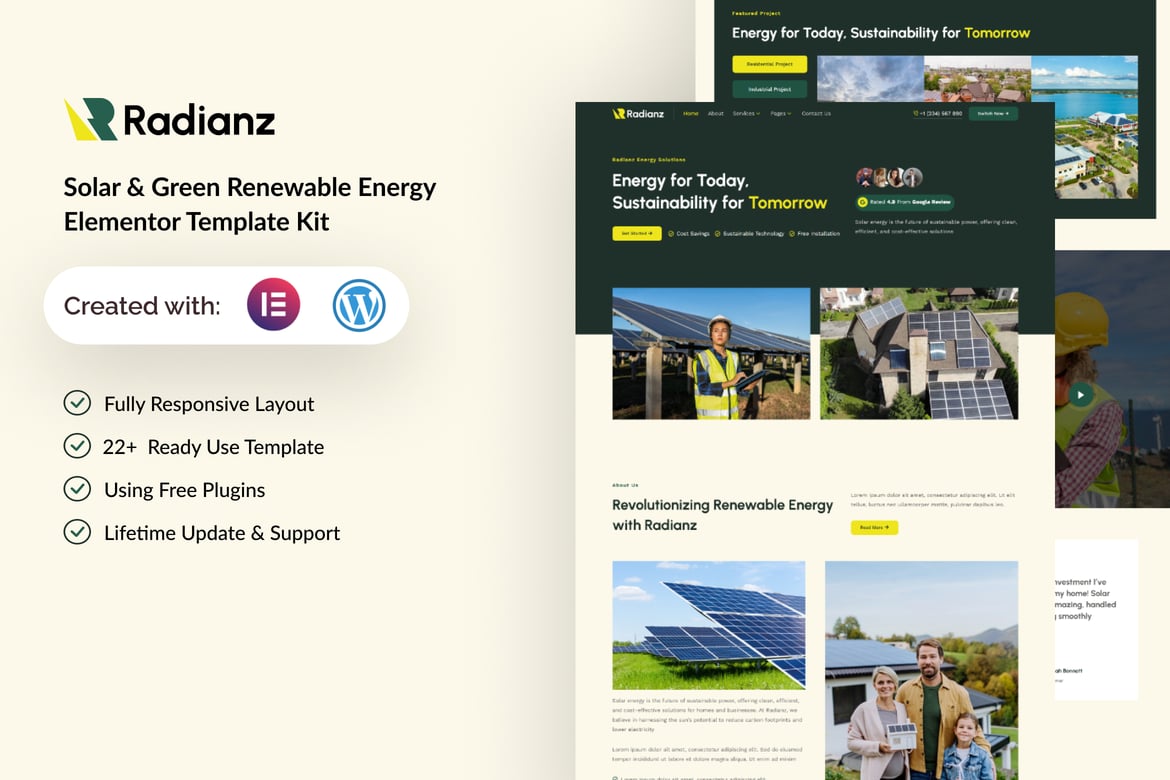 Download Radianz - Solar & Green Renewable Energy Elementor Template Kit