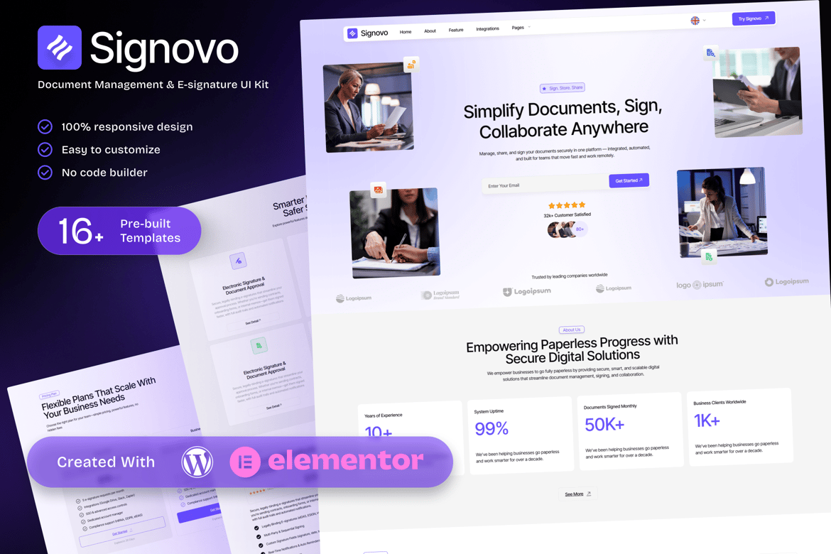 Download Signovo – E-signature & Document Management SaaS Elementor Template Kit