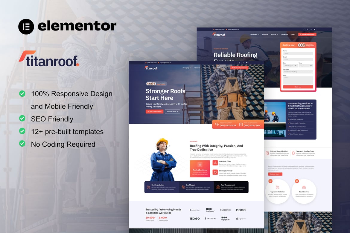 Download TitanRoof - Roofing Services Elementor Pro Template Kit