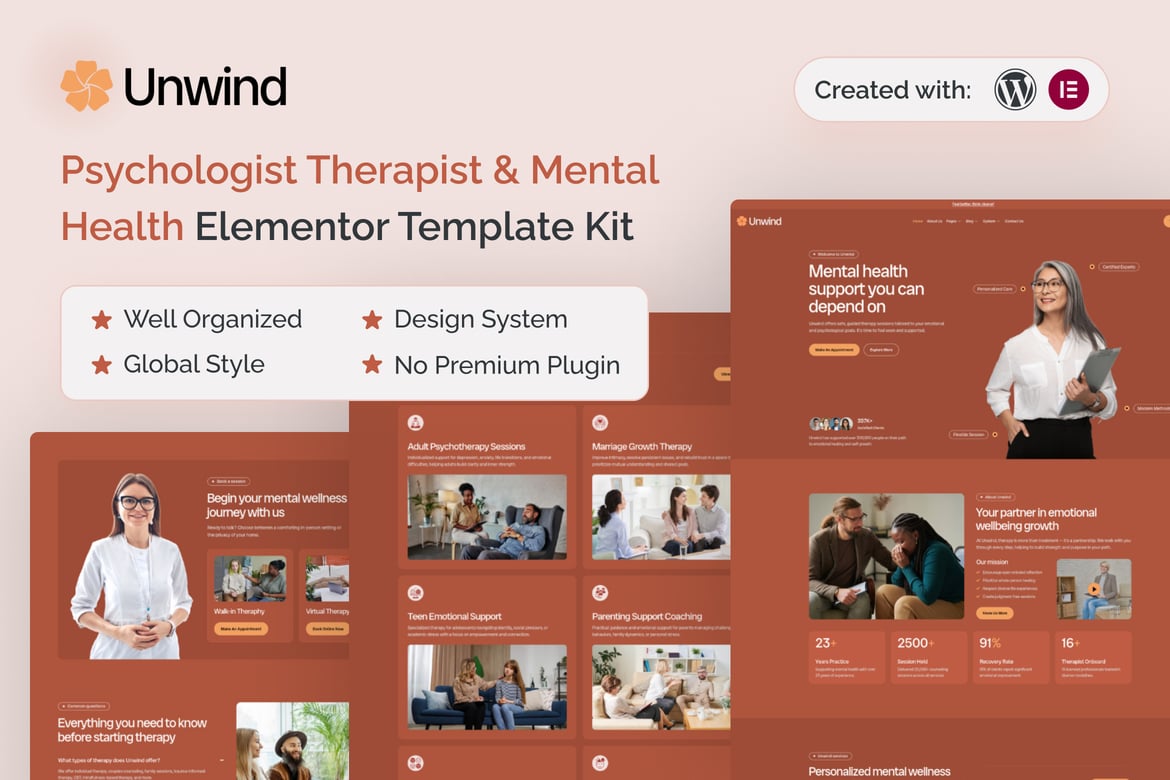 Download Unwind - Psychologist Therapist & Mental Health Elementor Template Kit