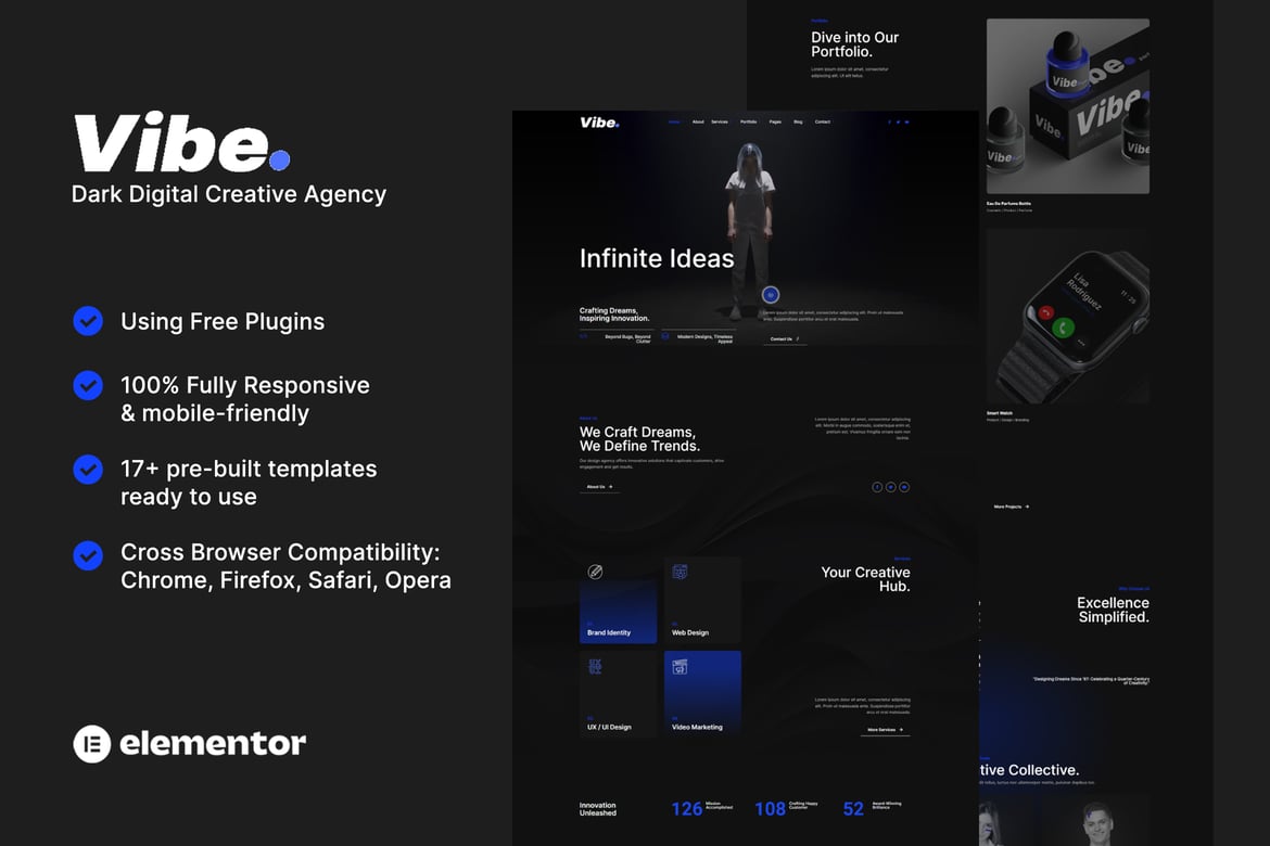Download Vibe - Dark Digital Creative Agency & Portfolio Elementor Template Kit